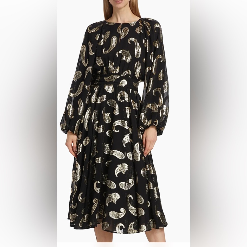 Elie Tahari Black and Gold Paisley Long Sleeve Dress